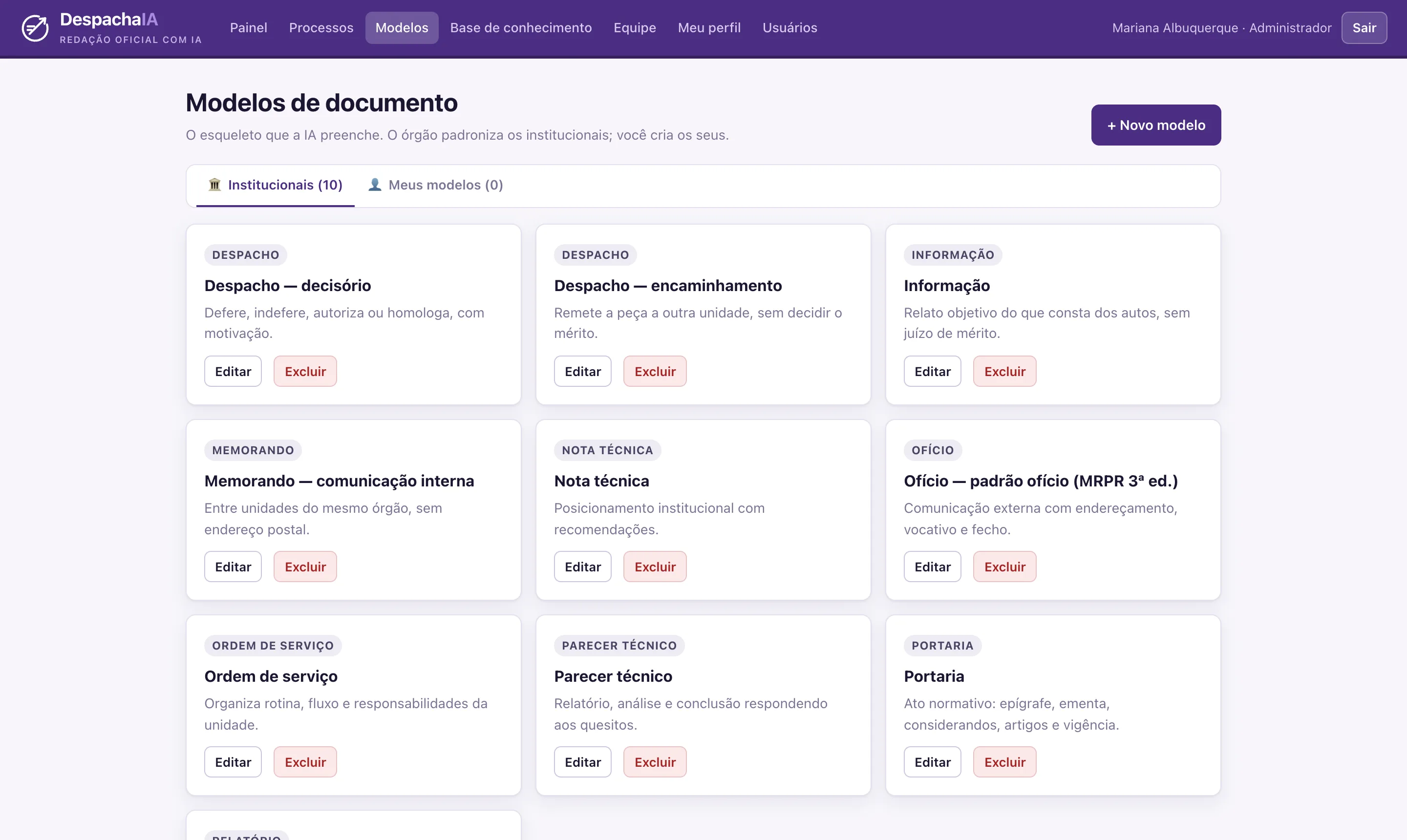 Tela de modelos institucionais e pessoais