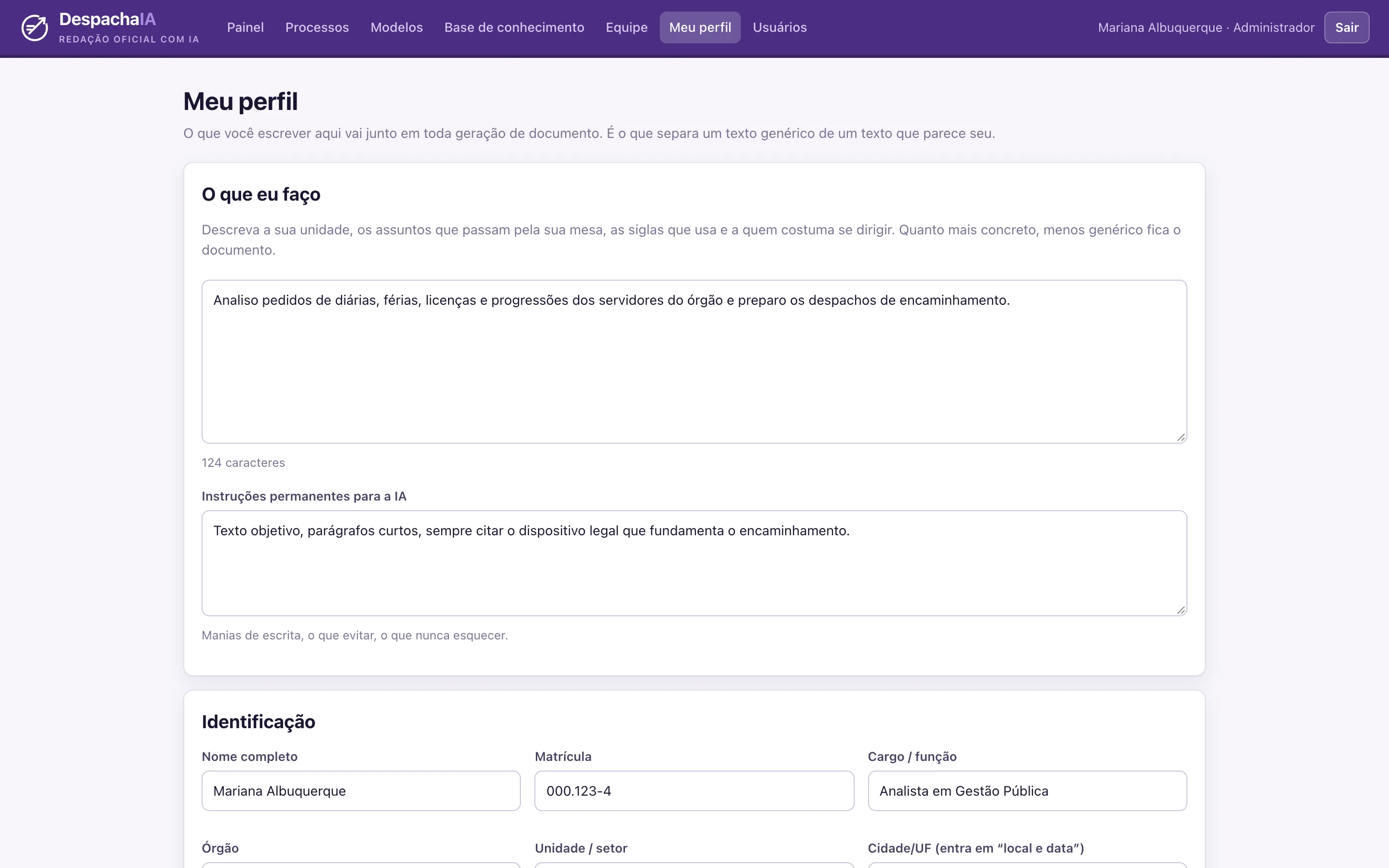 Perfil com contexto de trabalho e instruções para a IA