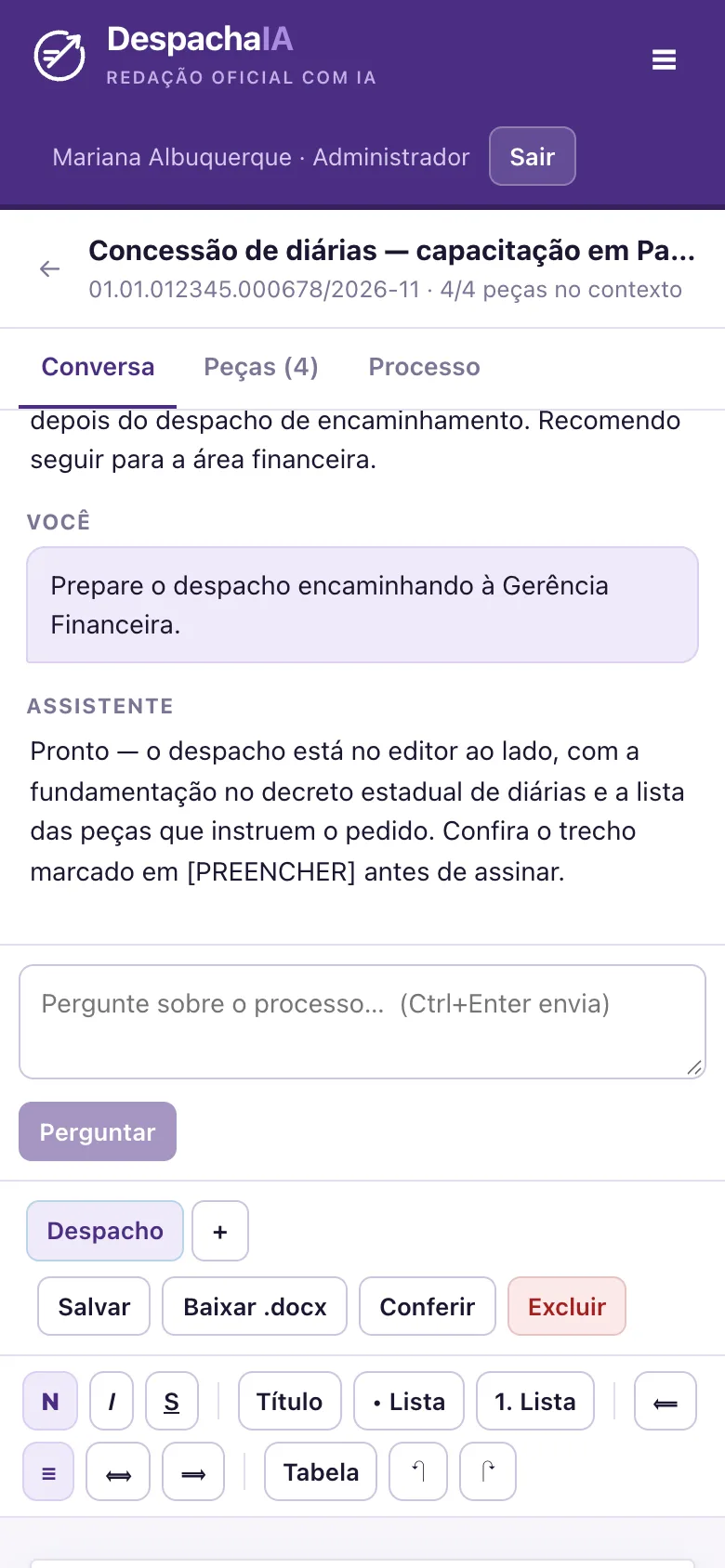 Tela do processo no celular